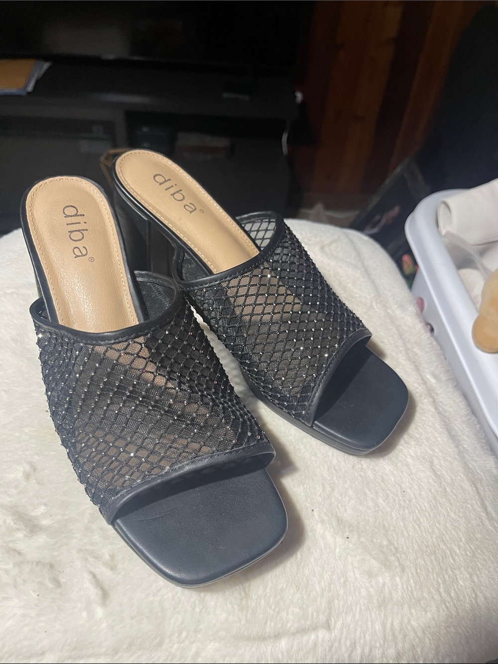 Diba Black Mesh Slide Mules with Square Toe